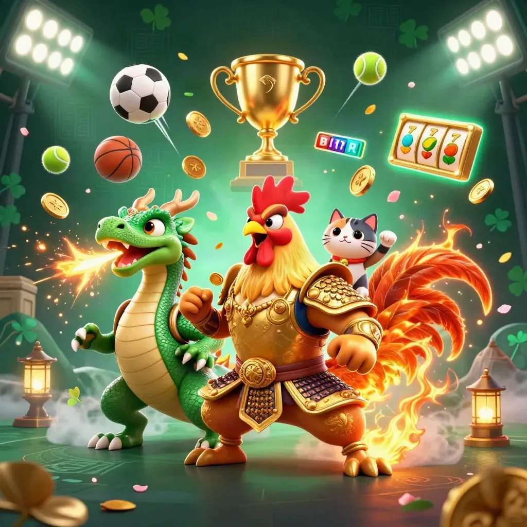 Rooster warrior, dragon hatchling and fortune cat amid casino sports loot and glowing gold effects.