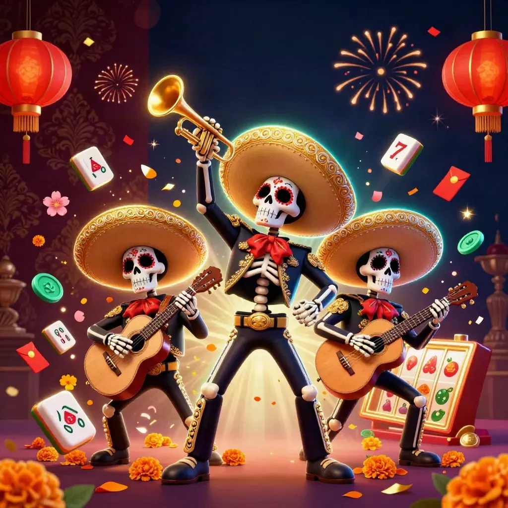Festive skeleton mariachi trio in neon gold casino light over dark burgundy damask.