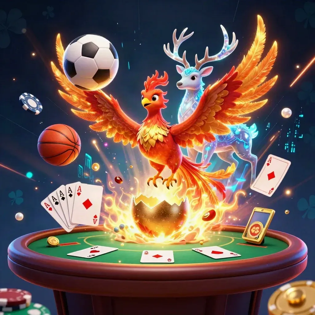 Phoenix, stag and baby phoenix amid casino chips, cards and sports balls in neon ocean-lux glow