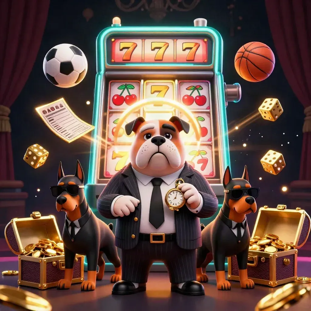 Bulldog mob boss with two Dobermans amid exploding slot icons, balls, gold, and casino lights.