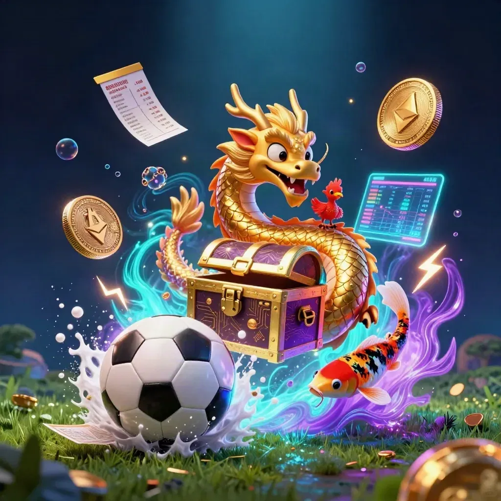 Fantasy soccer burst with dragon, phoenix, koi, coins and neon casino energy.