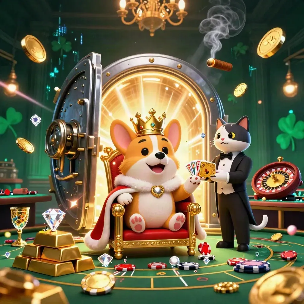 Crowned corgi and cat butler in a luxury casino vault with gold, gems, and neon glow.