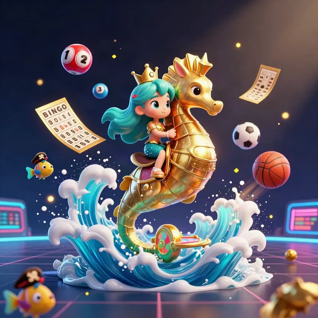 Mermaid princess on a golden seahorse amid casino tokens, fish, and neon ocean light.