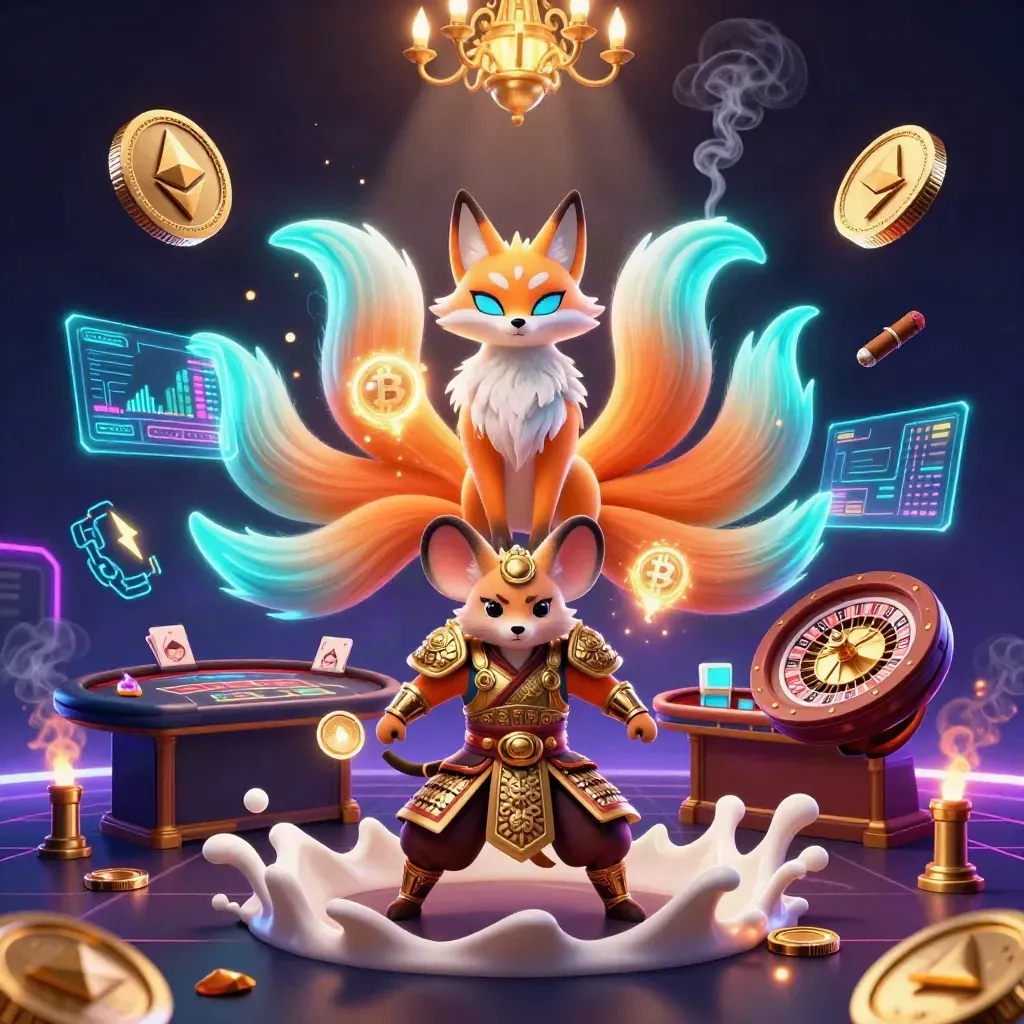 Neon fox spirit and armored mouse in a luxe casino scene with crypto glow and dramatic lights.