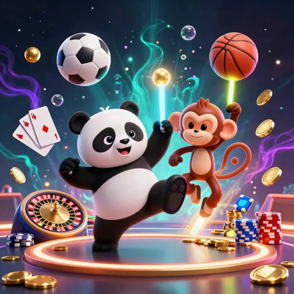 Cartoon panda, monkey and kitten in a neon casino sports burst with balls, chips and gold light.
