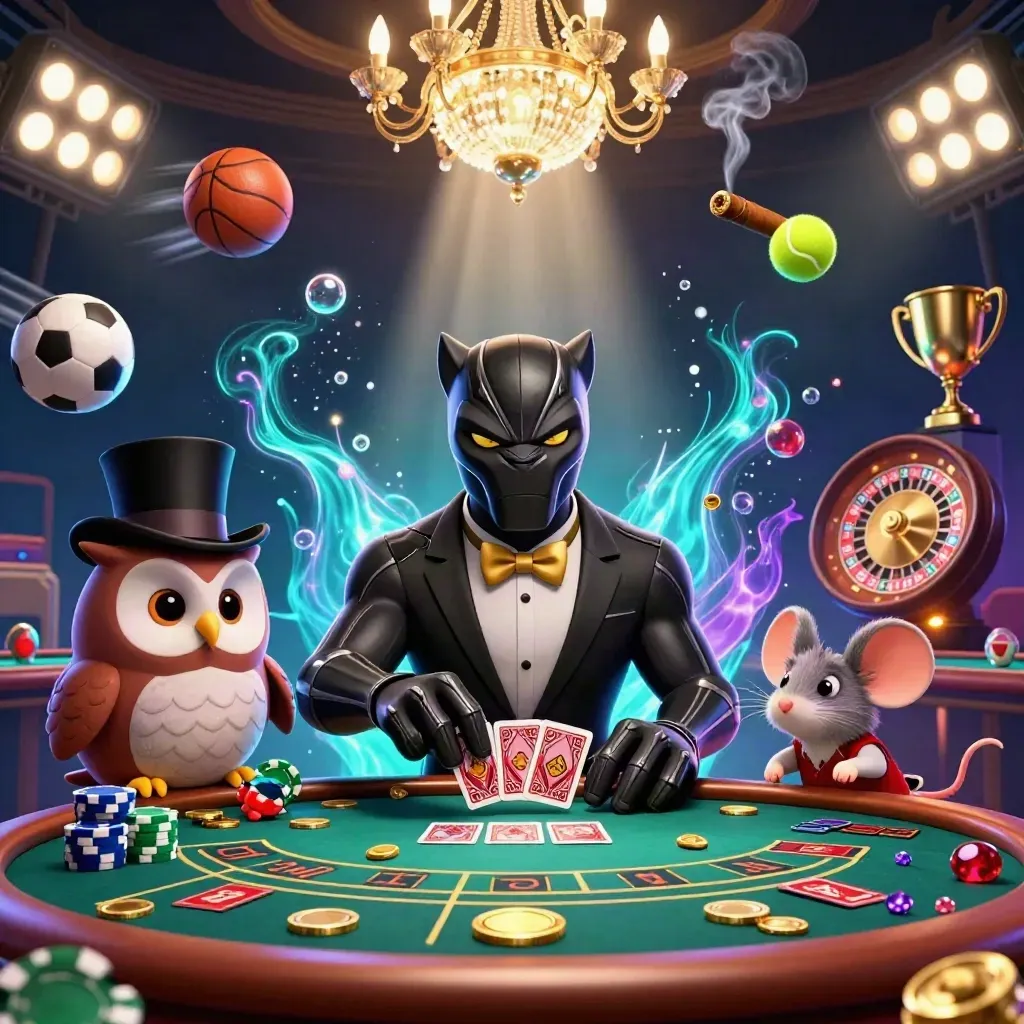 Panther dealer, owl with chips, and mouse amid neon casino glam, balls, trophy, wheel, and starry glow