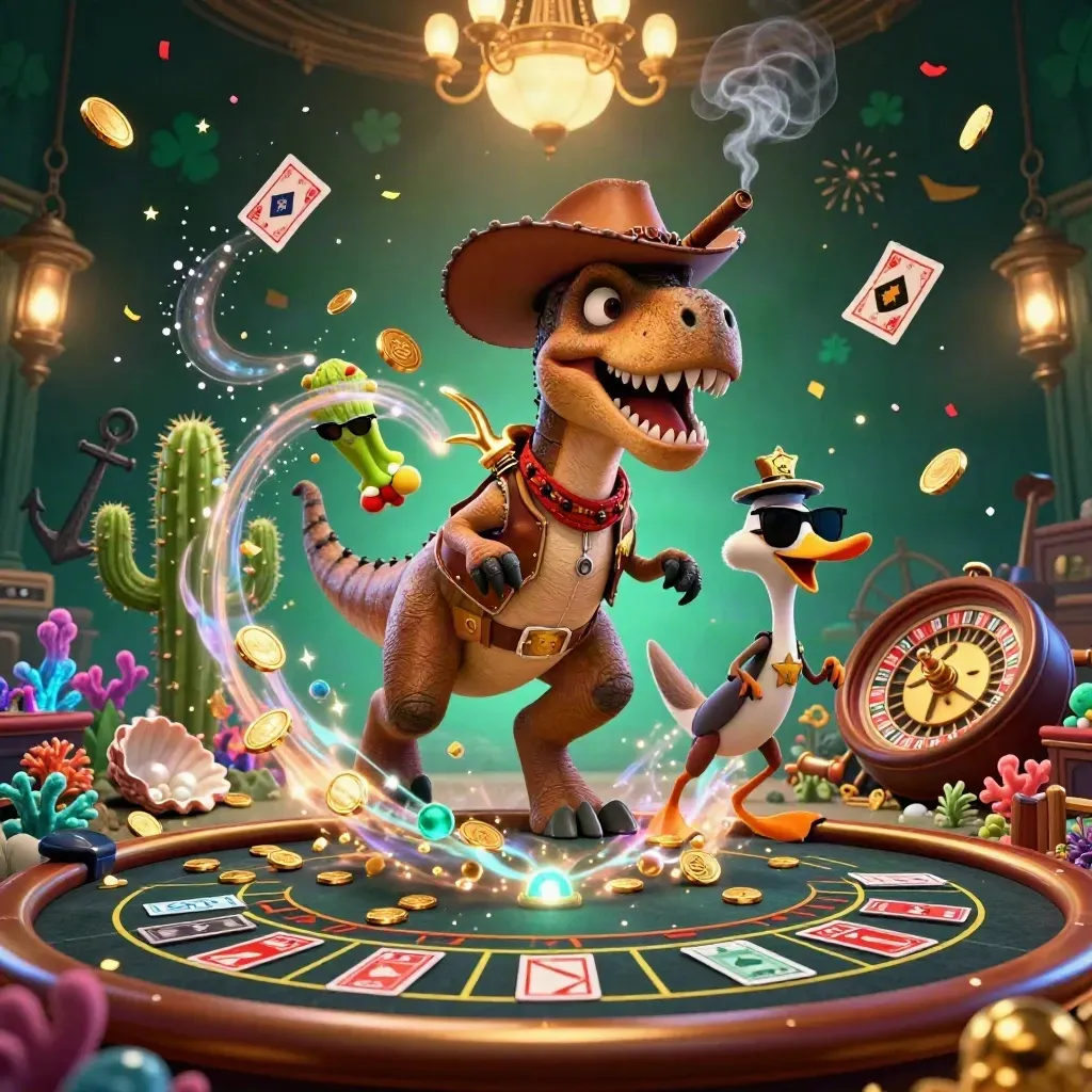 Cowboy T-Rex, cactus, and roadrunner amid casino treasure, coins, coral, and golden light.