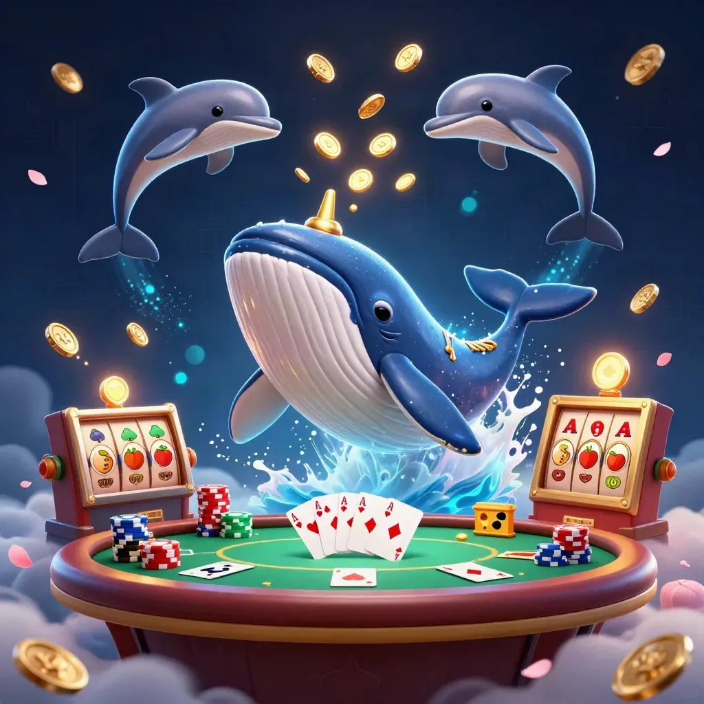 Captain whale, narwhal, and dolphins burst from coins amid chips, cards, and glowing ocean-casino magic.