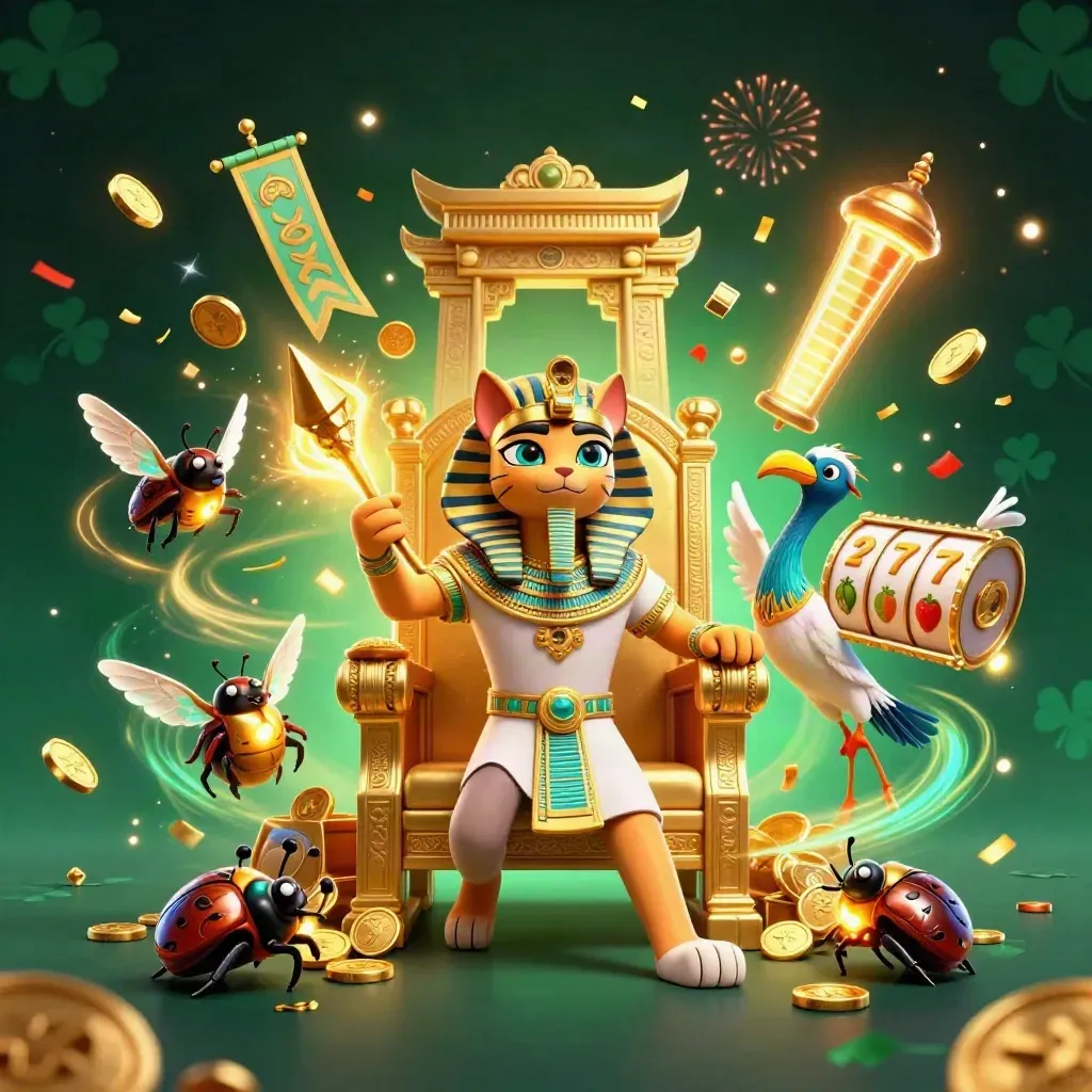 Pharaoh cat, ibis scribe, and gem-wing scarabs amid gold burst and casino magic.