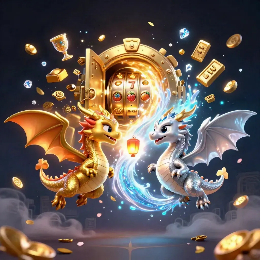 Gold and silver dragons twist around a glowing vault door amid treasure and oceanic casino light