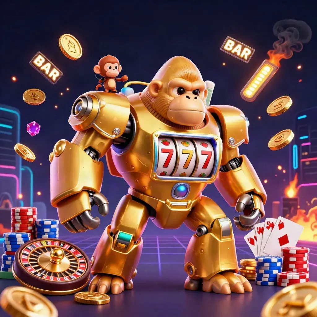 Golden gorilla slot mech with monkey pilot, coins, cards, chips, and roulette wheel on dark neon grid.