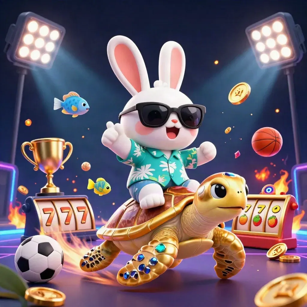 Lucky rabbit rides a golden sea turtle amid casino treasure, sports balls, and neon ocean glow.