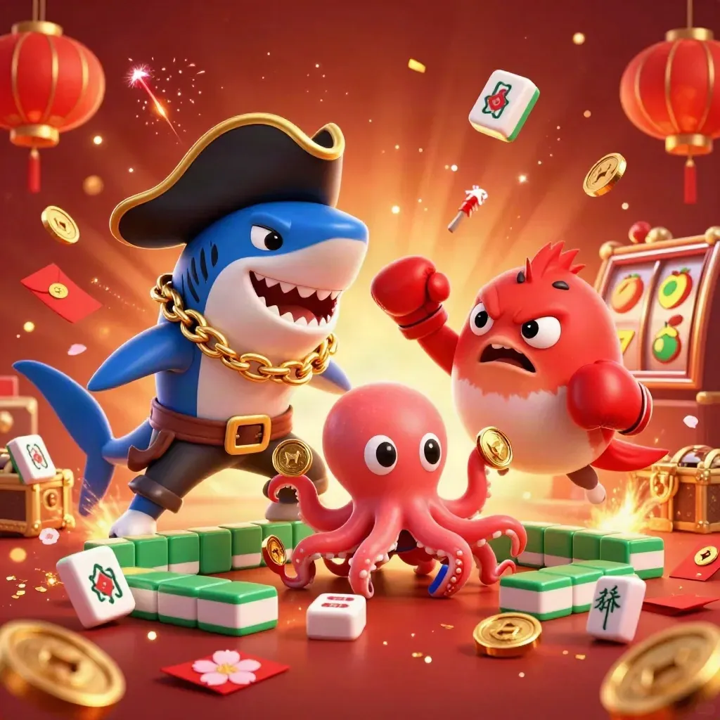 Shark pirate, pufferfish boxer, and coin-juggling octopus amid casino treasure explosions.