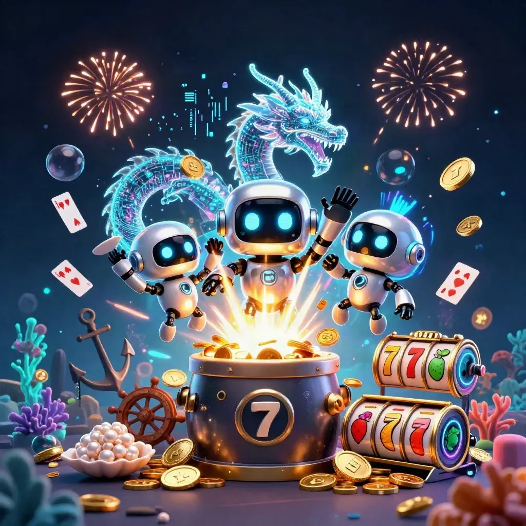 Cyberpunk robot, holographic dragon, and coin drone exploding in ocean casino treasure glow.