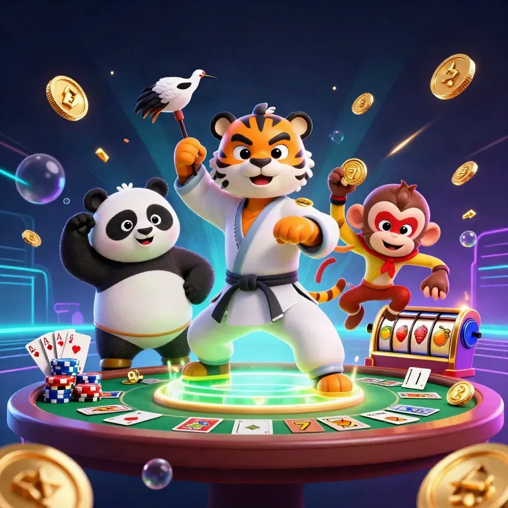 Kung-fu tiger, panda, and monkey amid casino reels, chips, coins, and fireworks.