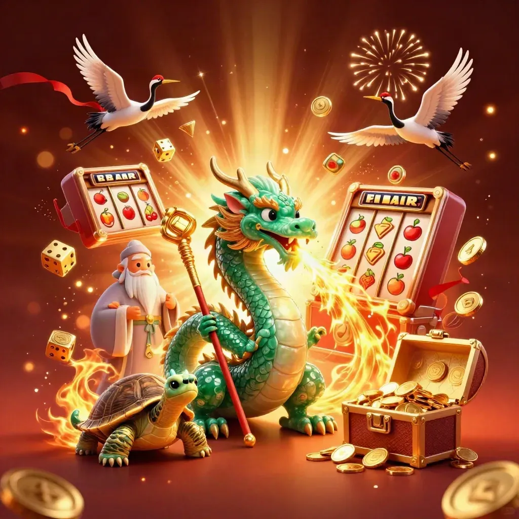 Jade dragon, sage turtle, cranes, slot machine blast, gold coins and fireworks in luxe casino glow