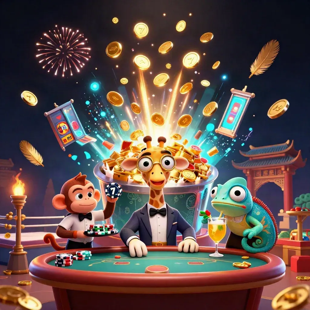 Suit-clad giraffe, monkey valet and chameleon bartender amid coins, reels and fireworks in a neon casino burst