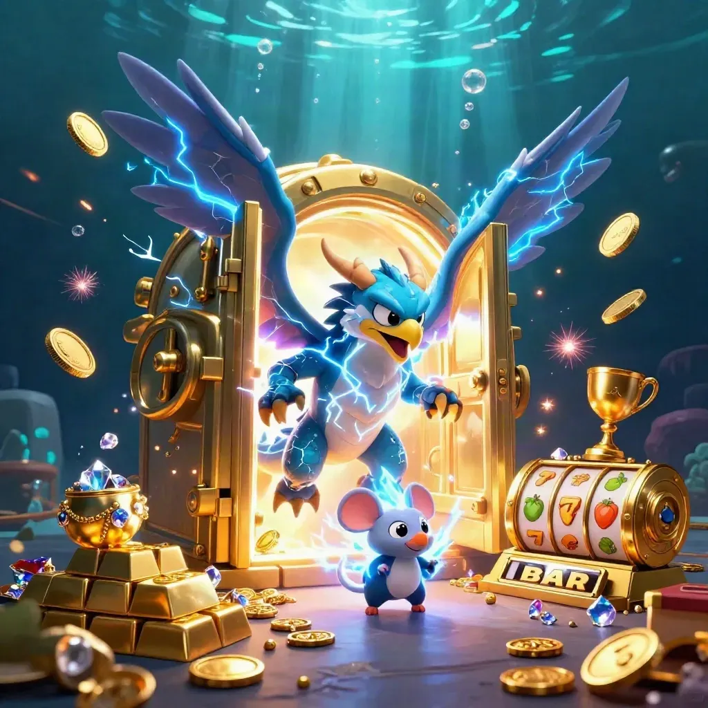 Thunder dragon, wind hawk, and static mouse burst from a treasure vault amid coins, gems, and fireworks.