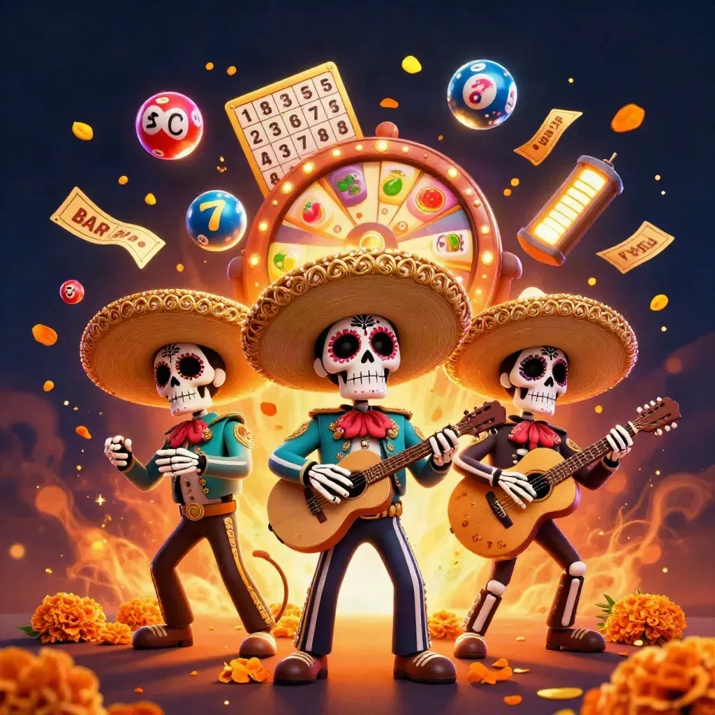 Skeleton mariachi trio amid slot reels, prize wheel, lottery balls and glowing gold casino effects