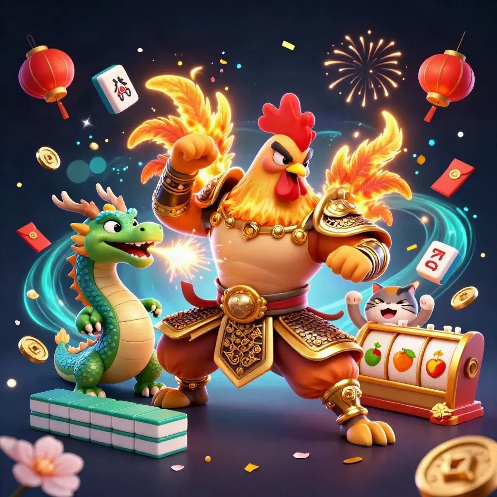 Rooster warrior, dragon hatchling, and fortune cat amid coins, lanterns, and fireworks.