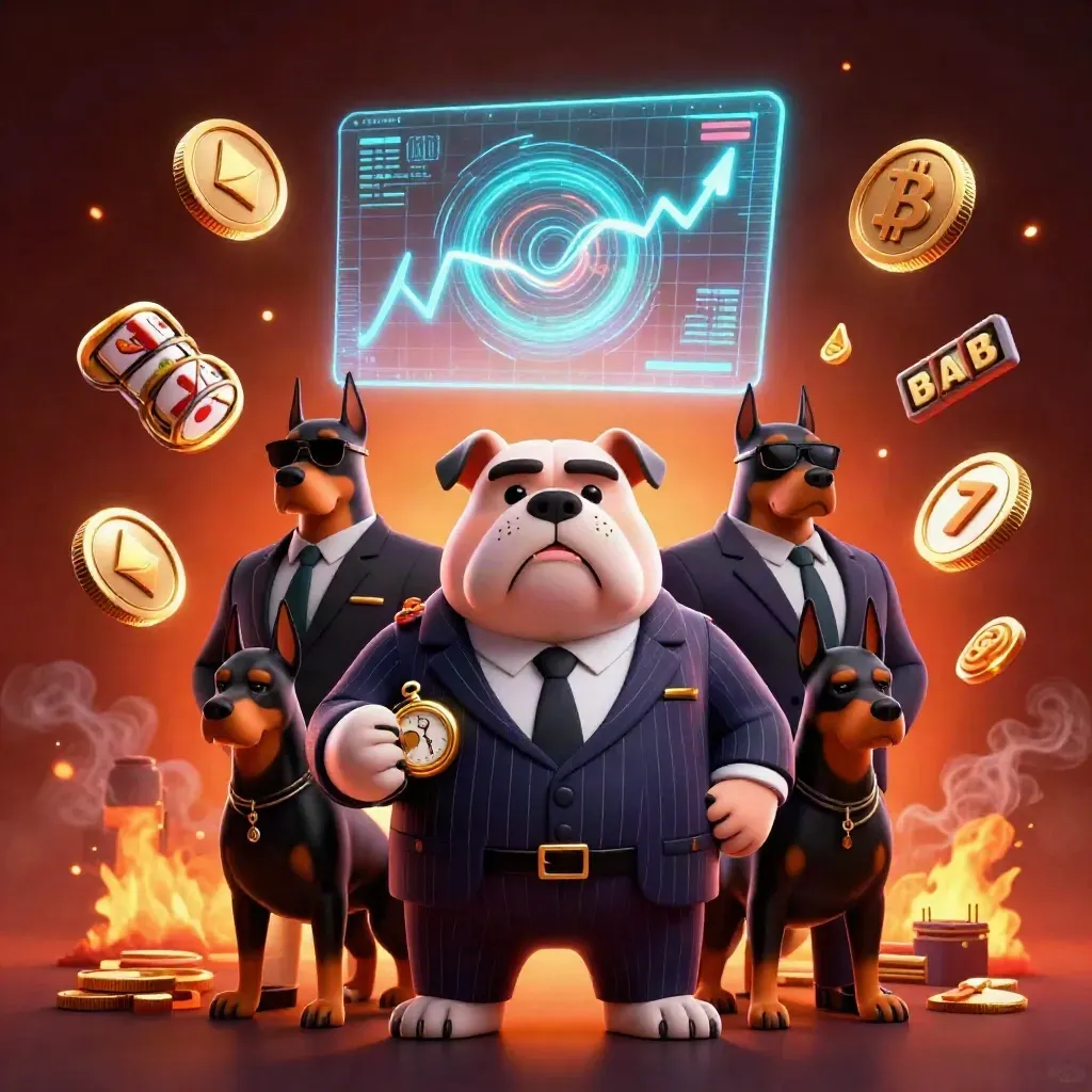Bulldog boss and two Dobermans amid coins, reels, embers, and neon casino glow.