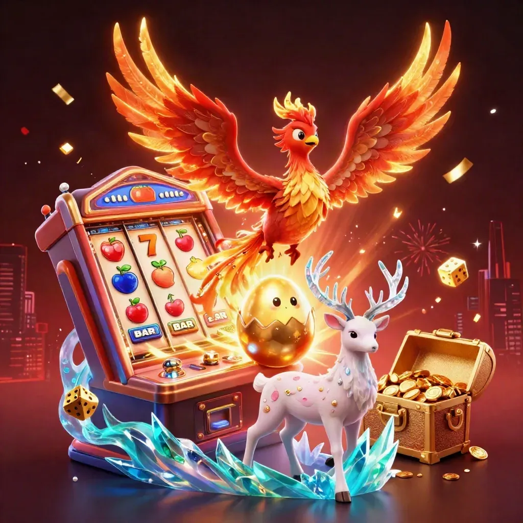Fire phoenix, baby phoenix, crystal stag, slot machine, gold, sparks, and skyline glow.