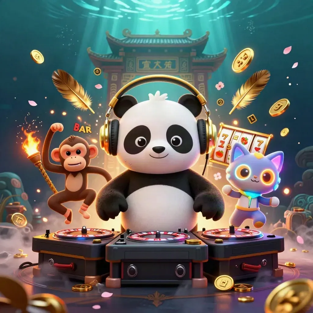 DJ panda, dancing monkey and glow-stick kitten in a neon ocean casino blast.