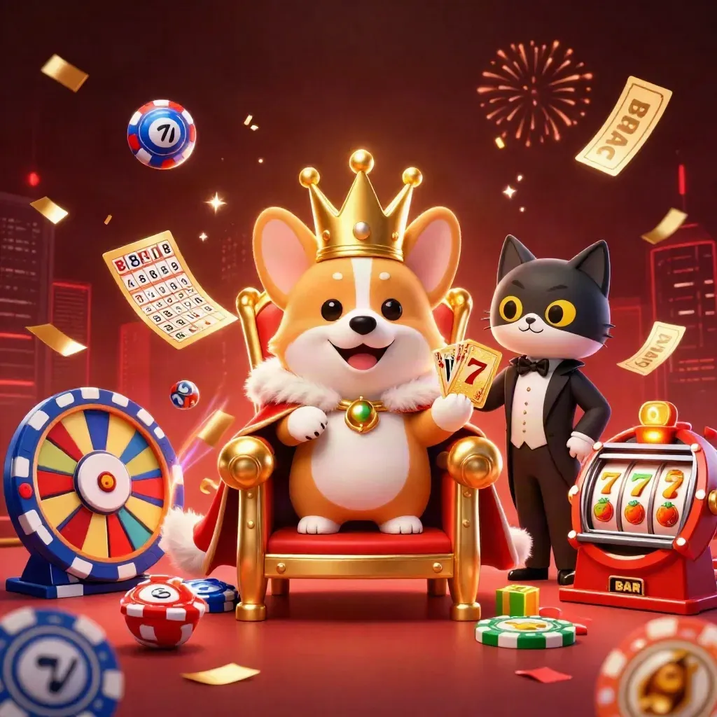 Royal corgi and cat butler amid casino prizes, confetti, reels, fireworks, and glowing city lights.